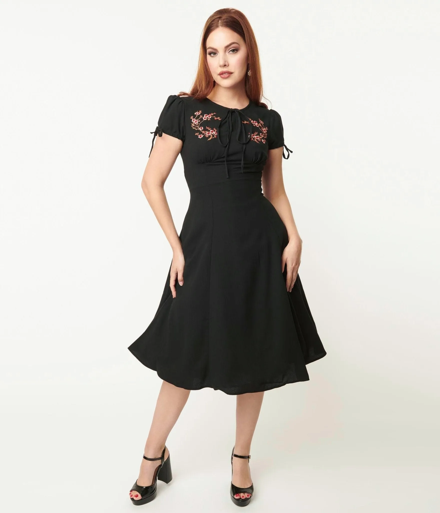 1940s Black Embroidered Pink Cherry Blossom Palmer Swing Dress