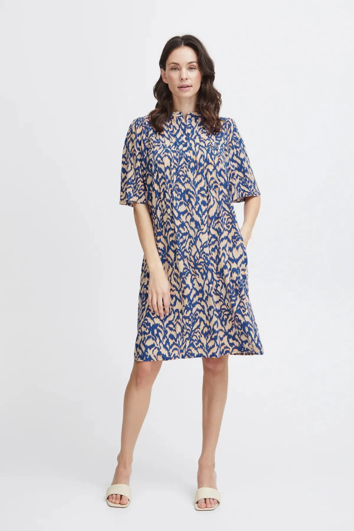 3489 Blue Short Sleeved Mandarin Collar Summer Dress Fransa