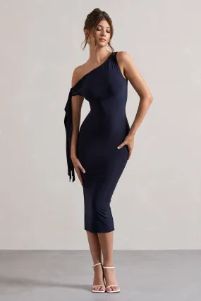 Adapt Navy Asymmetric Midi Dress Tie Sleeve