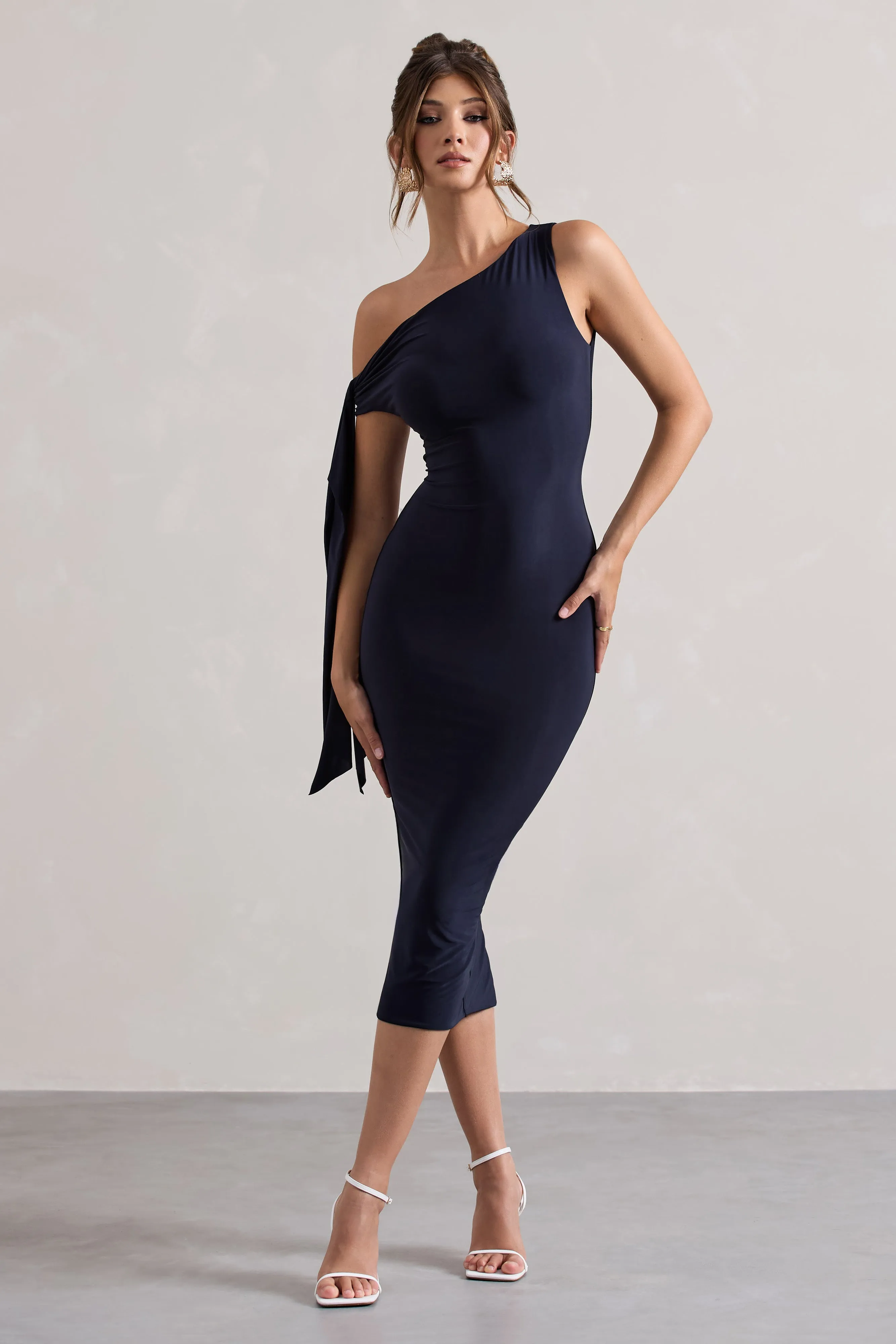 Adapt Navy Asymmetric Midi Dress Tie Sleeve