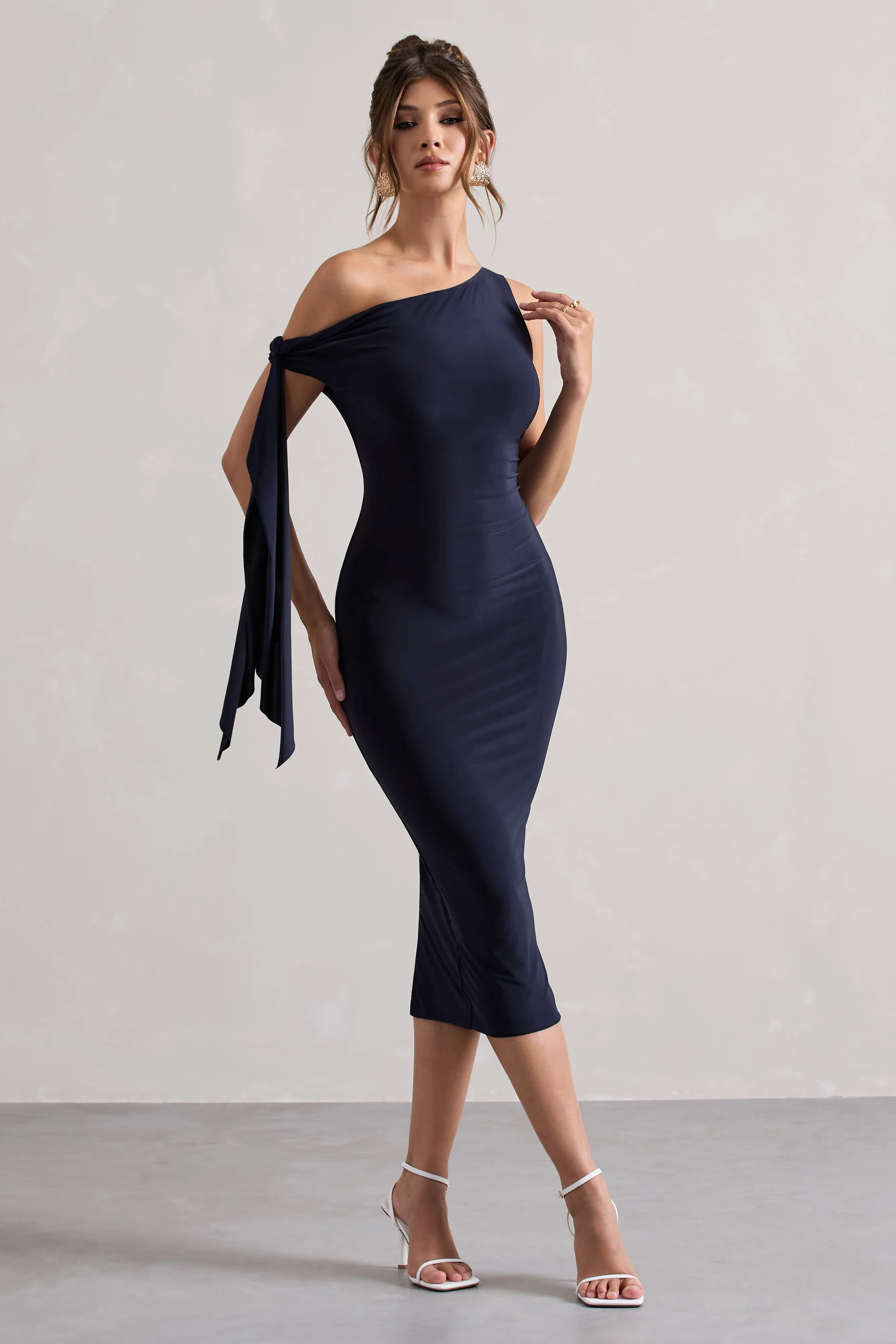 Adapt Navy Asymmetric Midi Dress Tie Sleeve