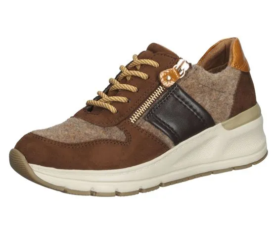 Brown Bama Women's Stylish Leisure Sneakers with Side Zipper and Material Mix