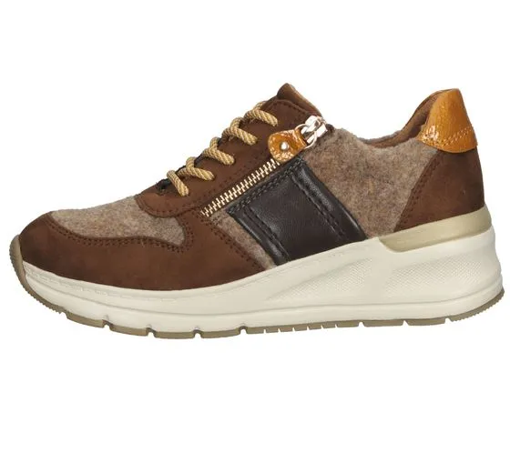 Brown Bama Women's Stylish Leisure Sneakers with Side Zipper and Material Mix