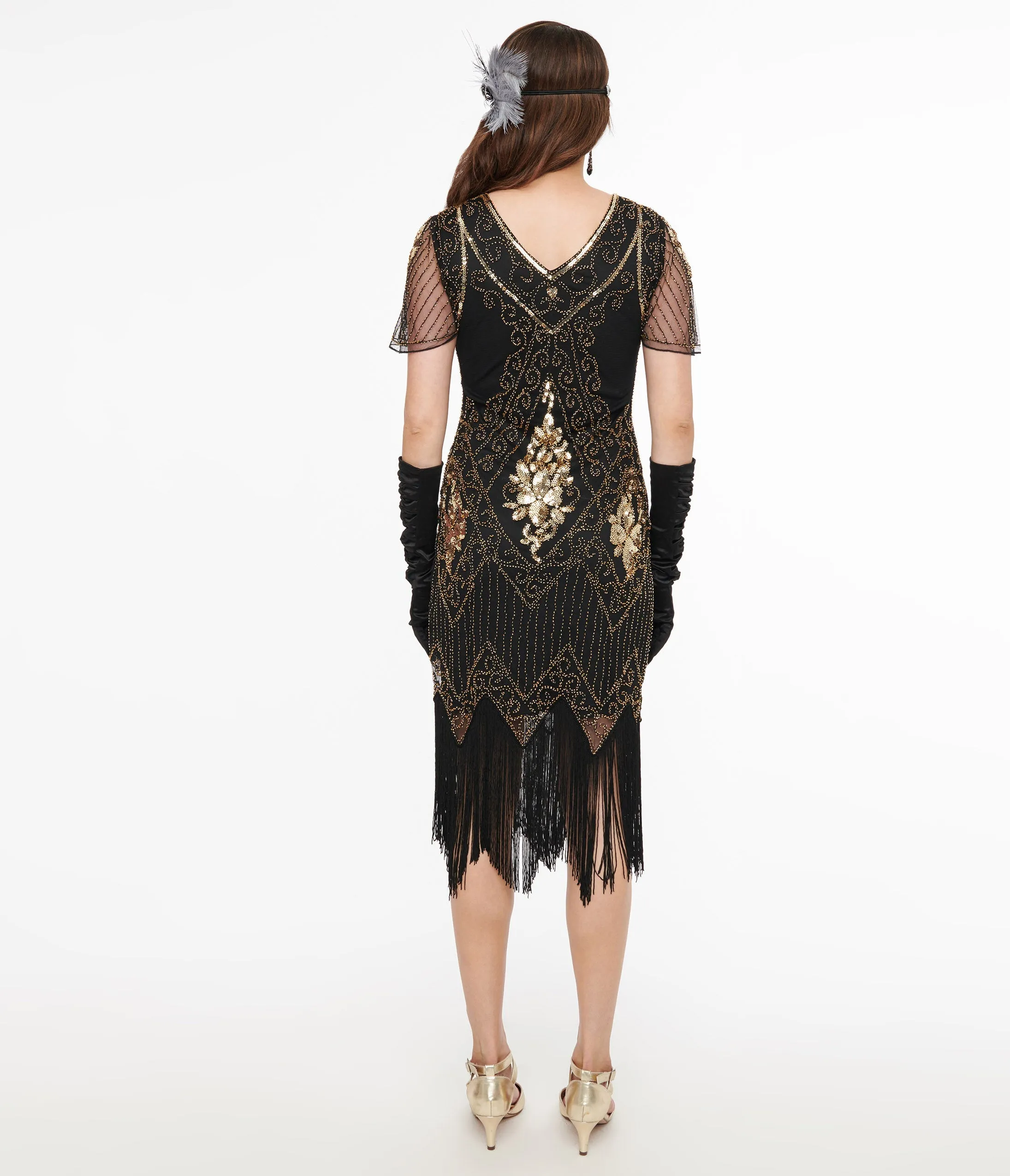 Black and Gold Flapper Dress with Beaded Fringe from the 1920s