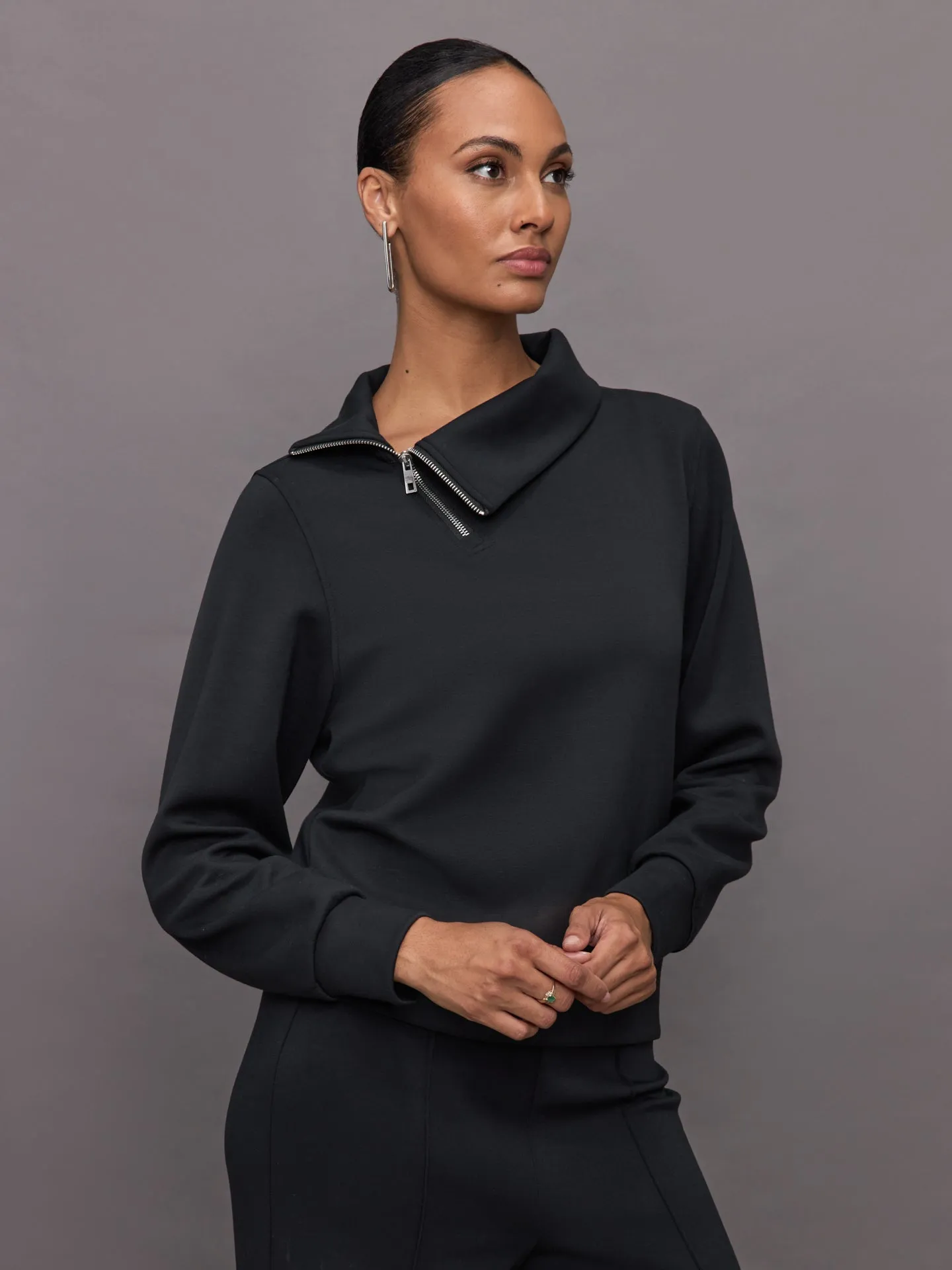 Black Asymmetrical Pullover with Half Zip