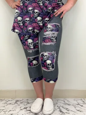 Black Pink Purple Floral Skulls Capri Pants with Back Pockets