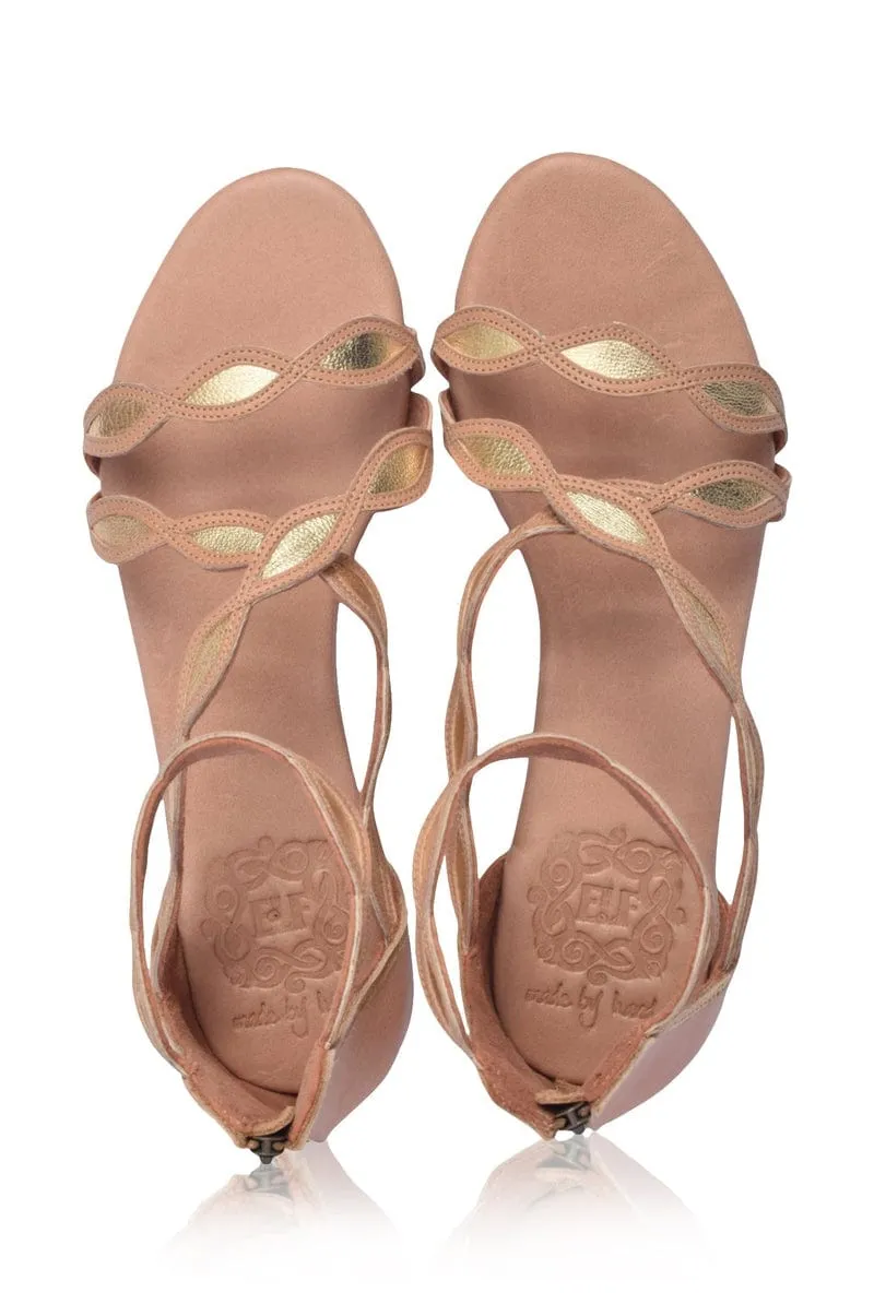 Blossom Leather Sandals in Beige and Gold