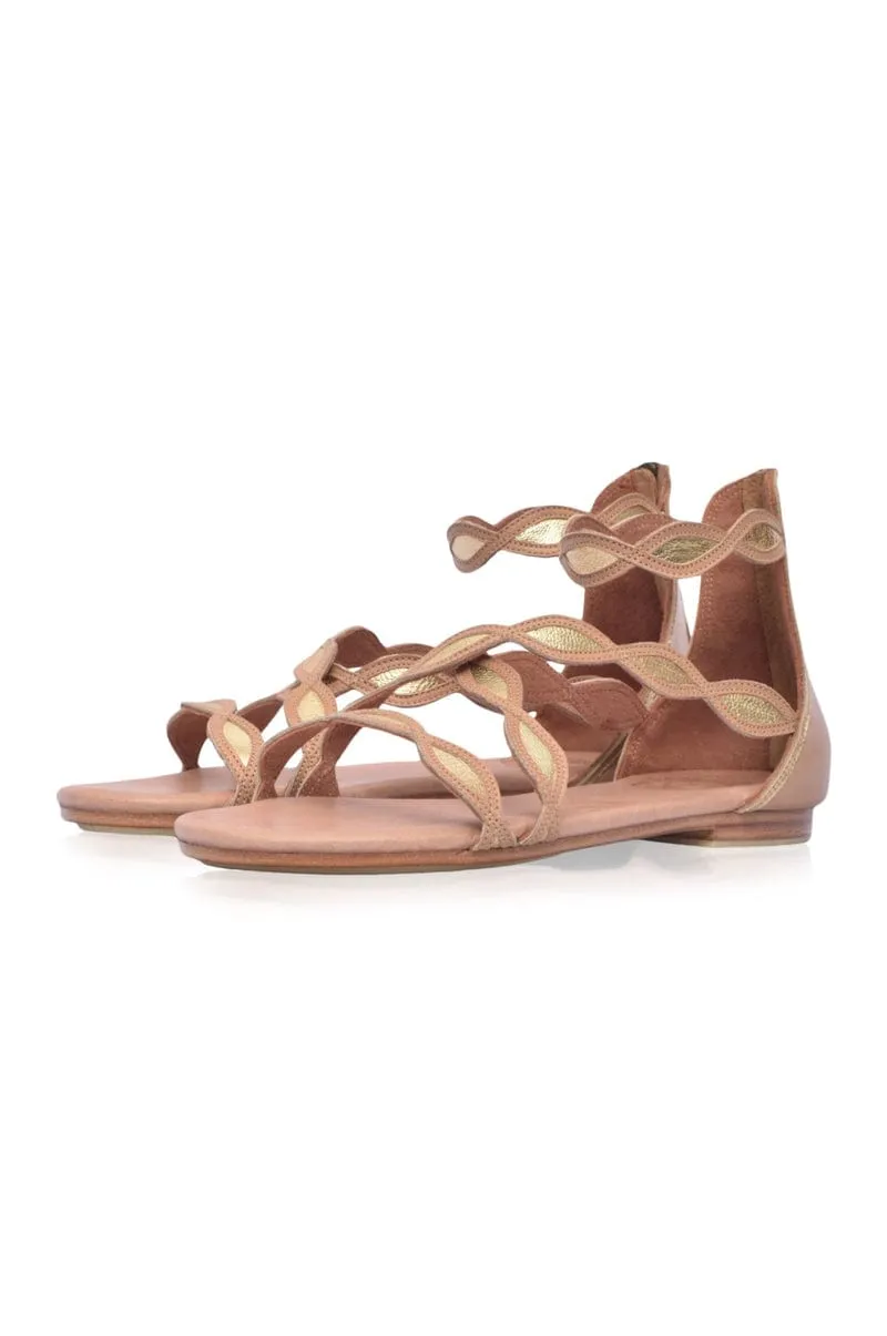 Blossom Leather Sandals in Beige and Gold