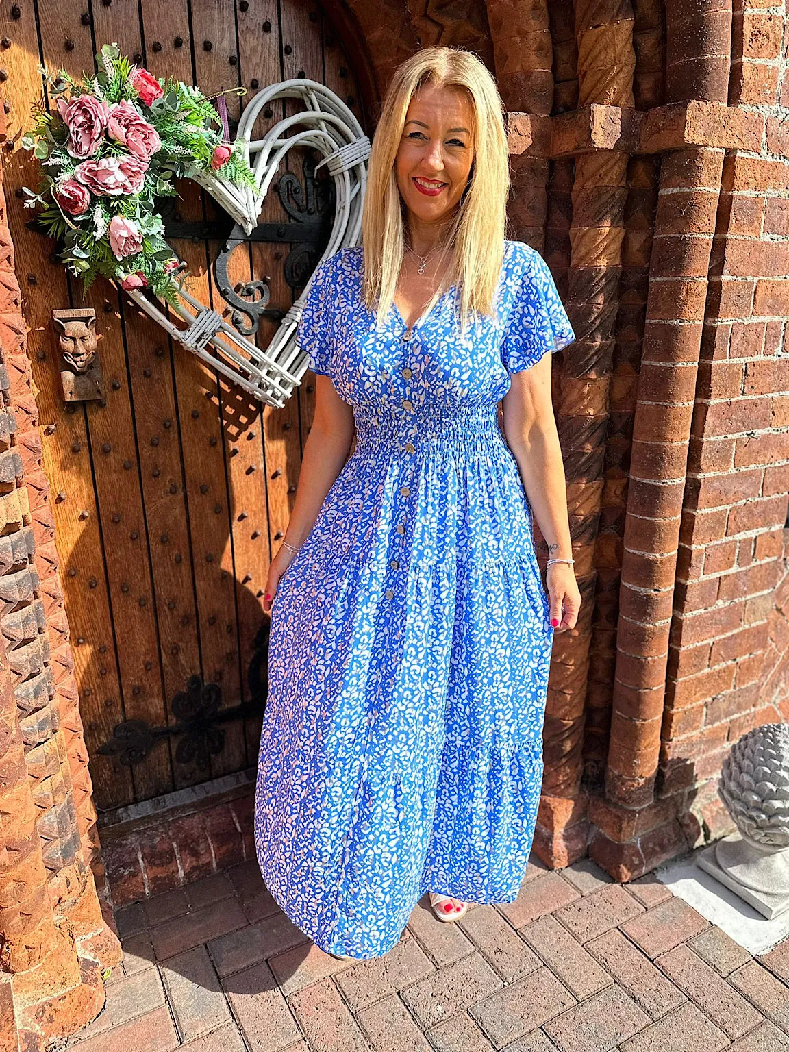 Blue Ditsy Leopard Gold Leaf Dress by Danielle