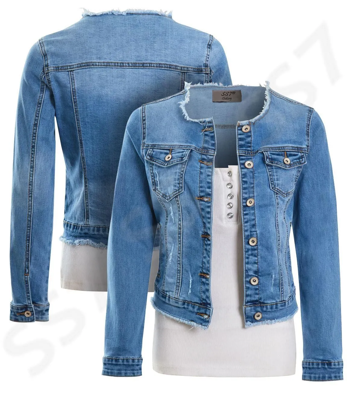 Blue Frayed Denim Jacket Stretch Fitted