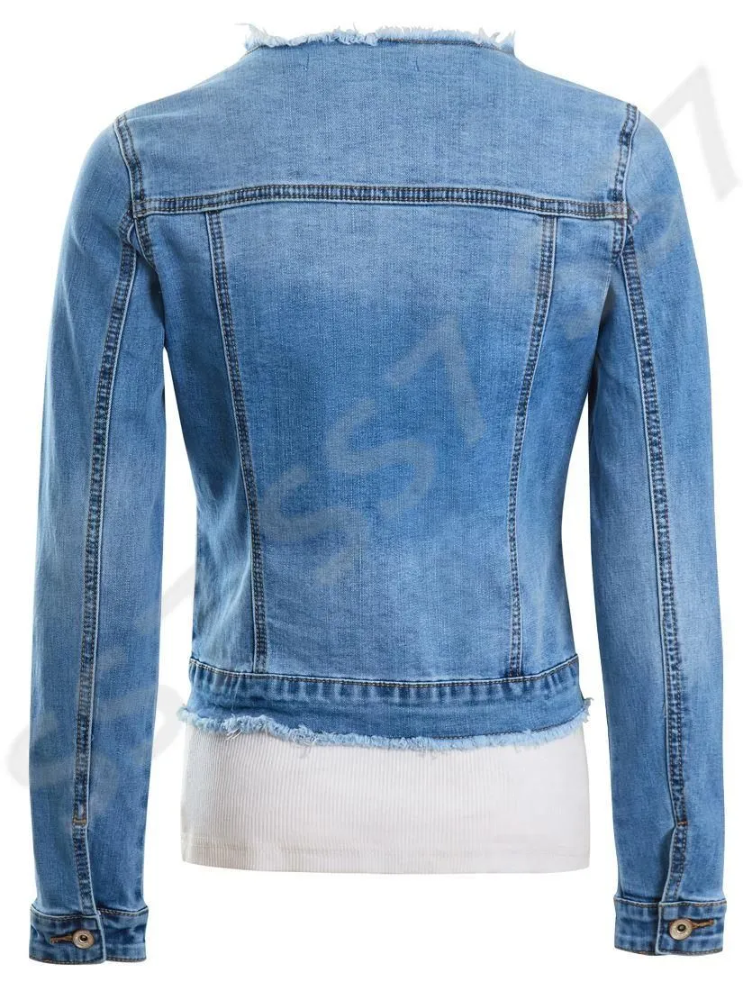 Blue Frayed Denim Jacket Stretch Fitted