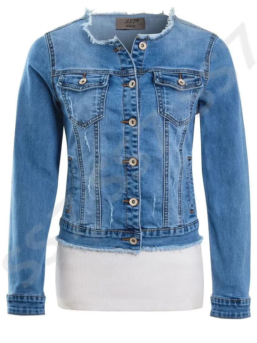 Blue Frayed Denim Jacket Stretch Fitted