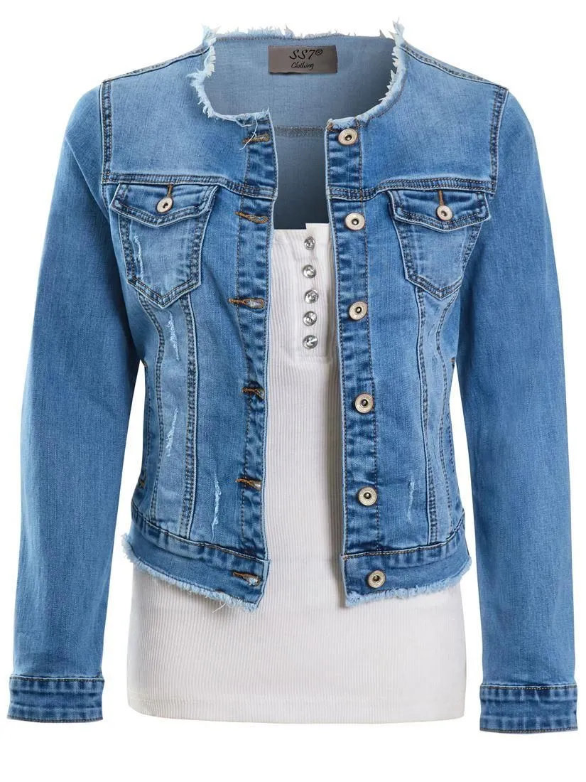 Blue Frayed Denim Jacket Stretch Fitted