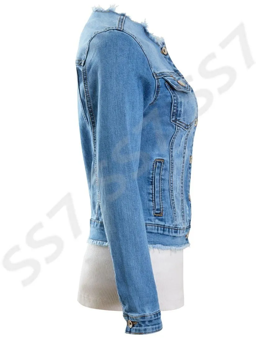 Blue Frayed Denim Jacket Stretch Fitted