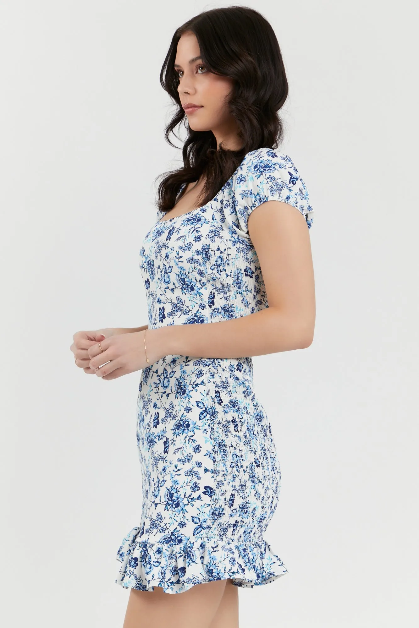 Blue White Floral Print Ruffle Mini Dress
