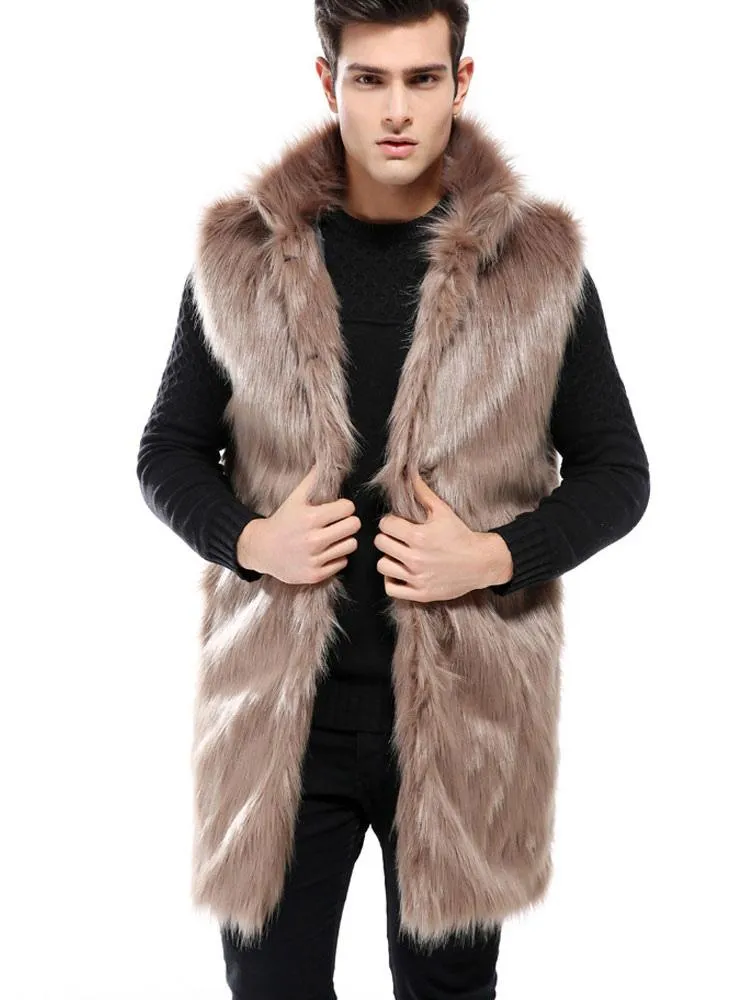 Brown Faux Fur Sleeveless Fluffy Coat with Turndown Collar - Men's Winter Overcoat