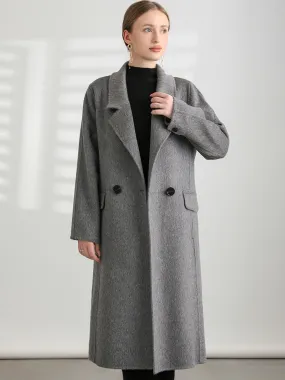 Brown Woolen Coat with Turndown Collar and Sash