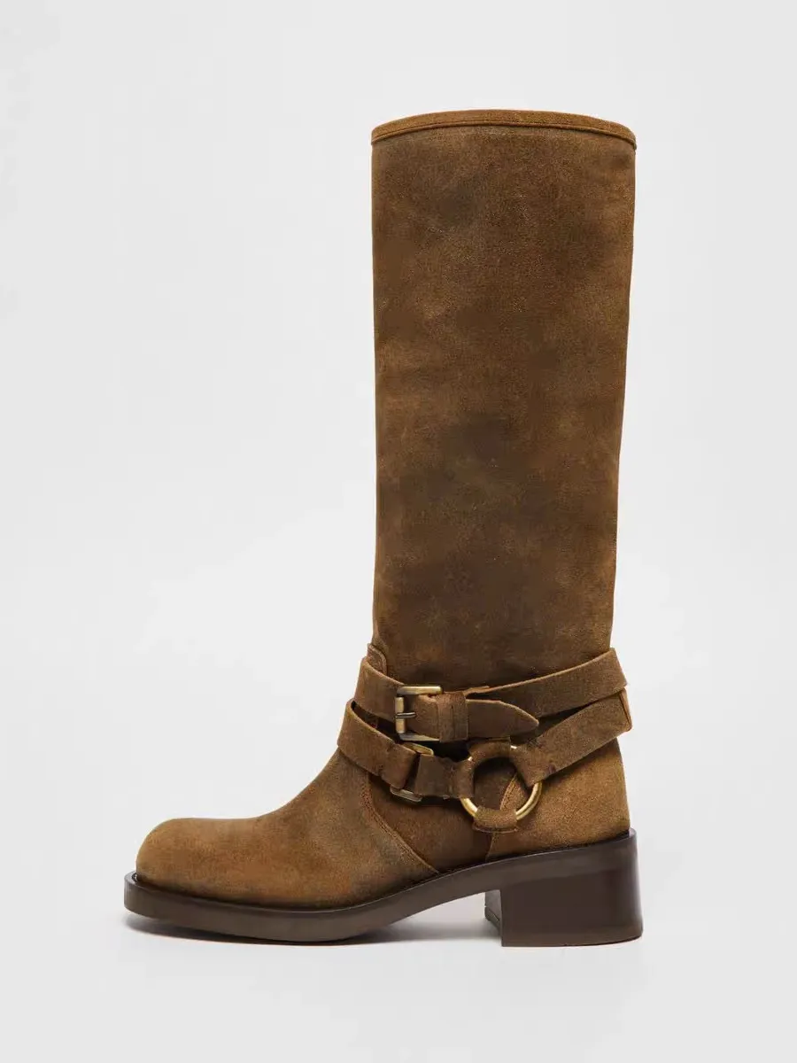 Deep Brown Suede Women's Square Toe Knee Boots with Buckle Detail