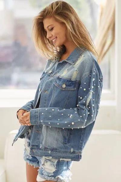 Distressed Denim Jacket with Pearl Detail and Button Up - BiBi