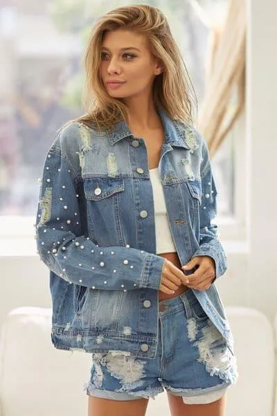 Distressed Denim Jacket with Pearl Detail and Button Up - BiBi