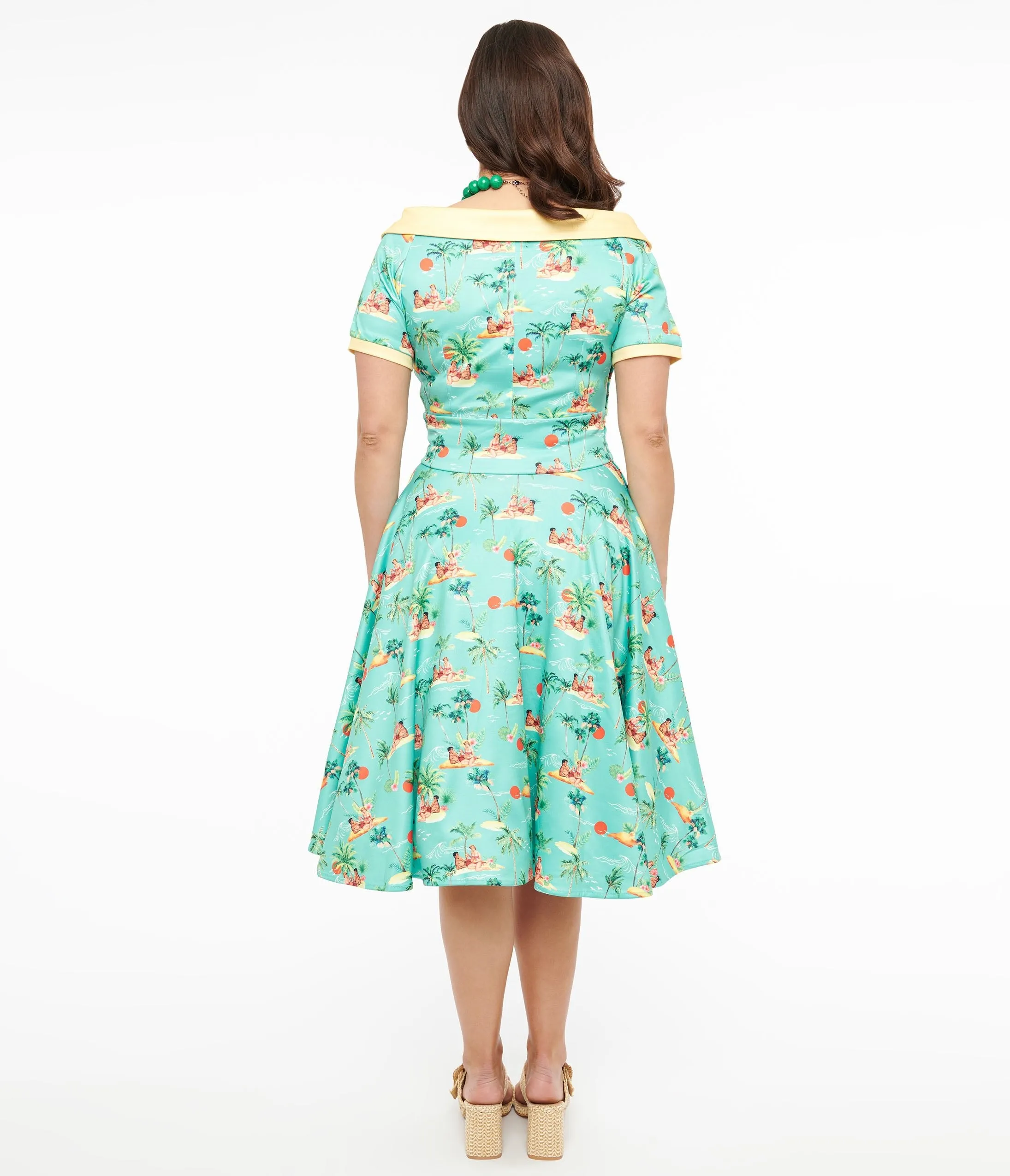 Dolly & Dotty Sea Blue Pinup Swing Dress - 1950s Island Couple Print