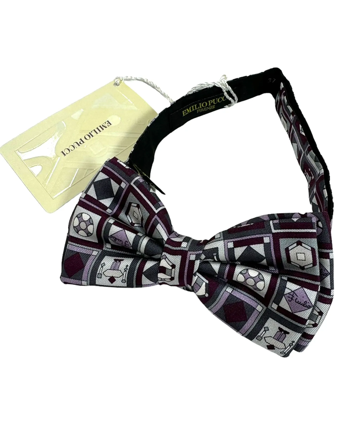 Emilio Pucci Black Purple Geometric Designer Pre-Tied Bow Tie