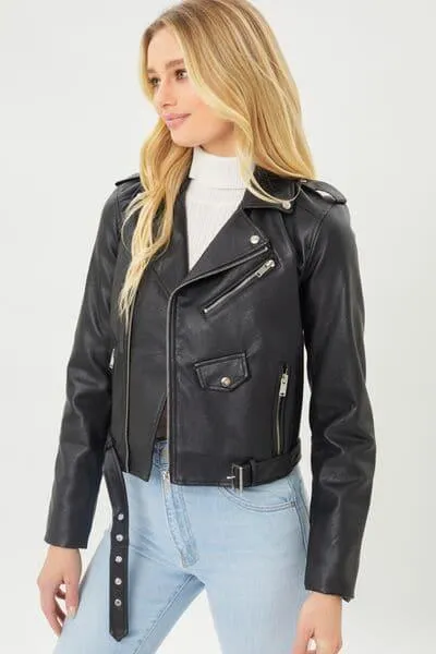 Faux Leather Zip Up Biker Jacket by Faith Apparel