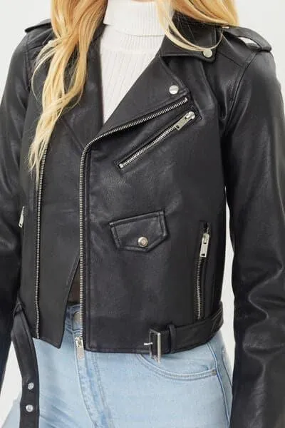 Faux Leather Zip Up Biker Jacket by Faith Apparel