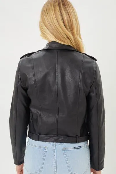 Faux Leather Zip Up Biker Jacket by Faith Apparel