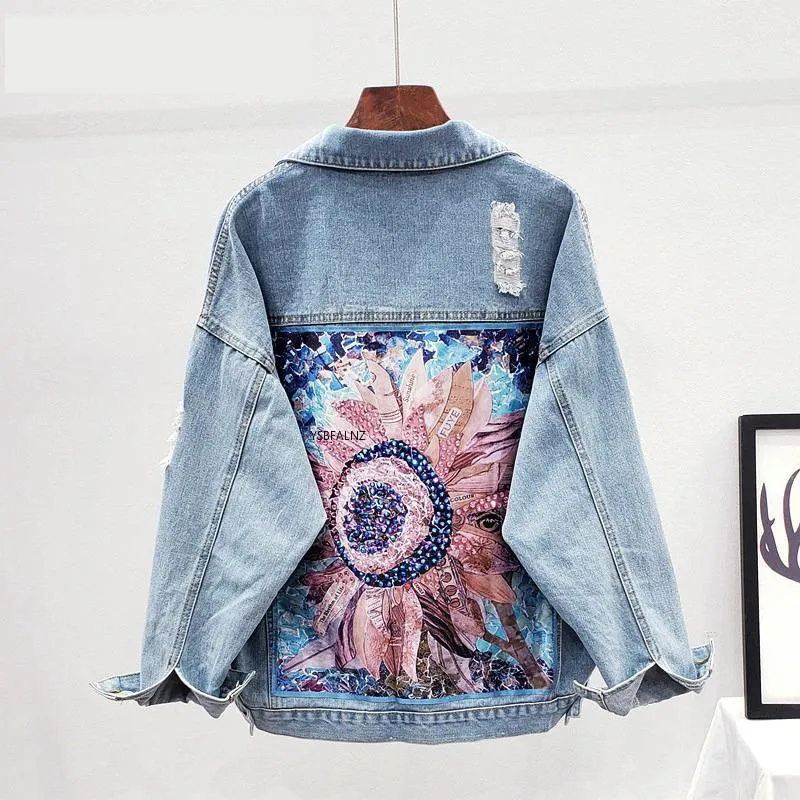 Floral Sequin Denim Jacket with Embroidery - Long Sleeve Outerwear