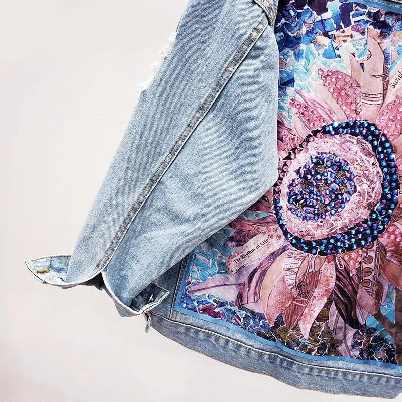 Floral Sequin Denim Jacket with Embroidery - Long Sleeve Outerwear