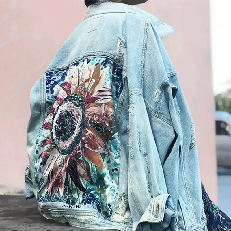 Floral Sequin Denim Jacket with Embroidery - Long Sleeve Outerwear