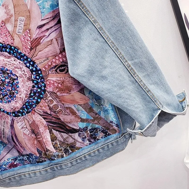 Floral Sequin Denim Jacket with Embroidery - Long Sleeve Outerwear