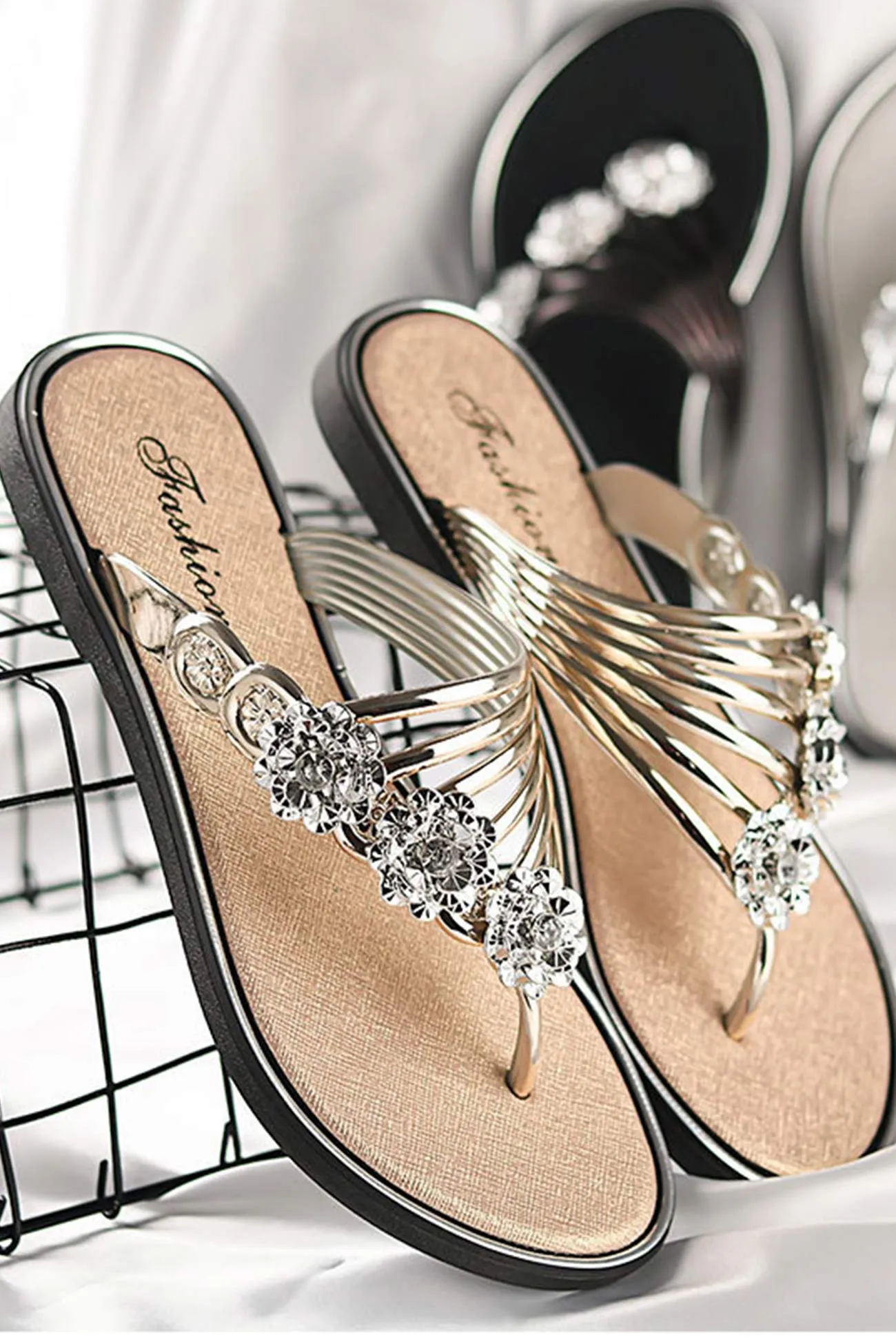 Rhinestone Flower Flat Sandals for Women