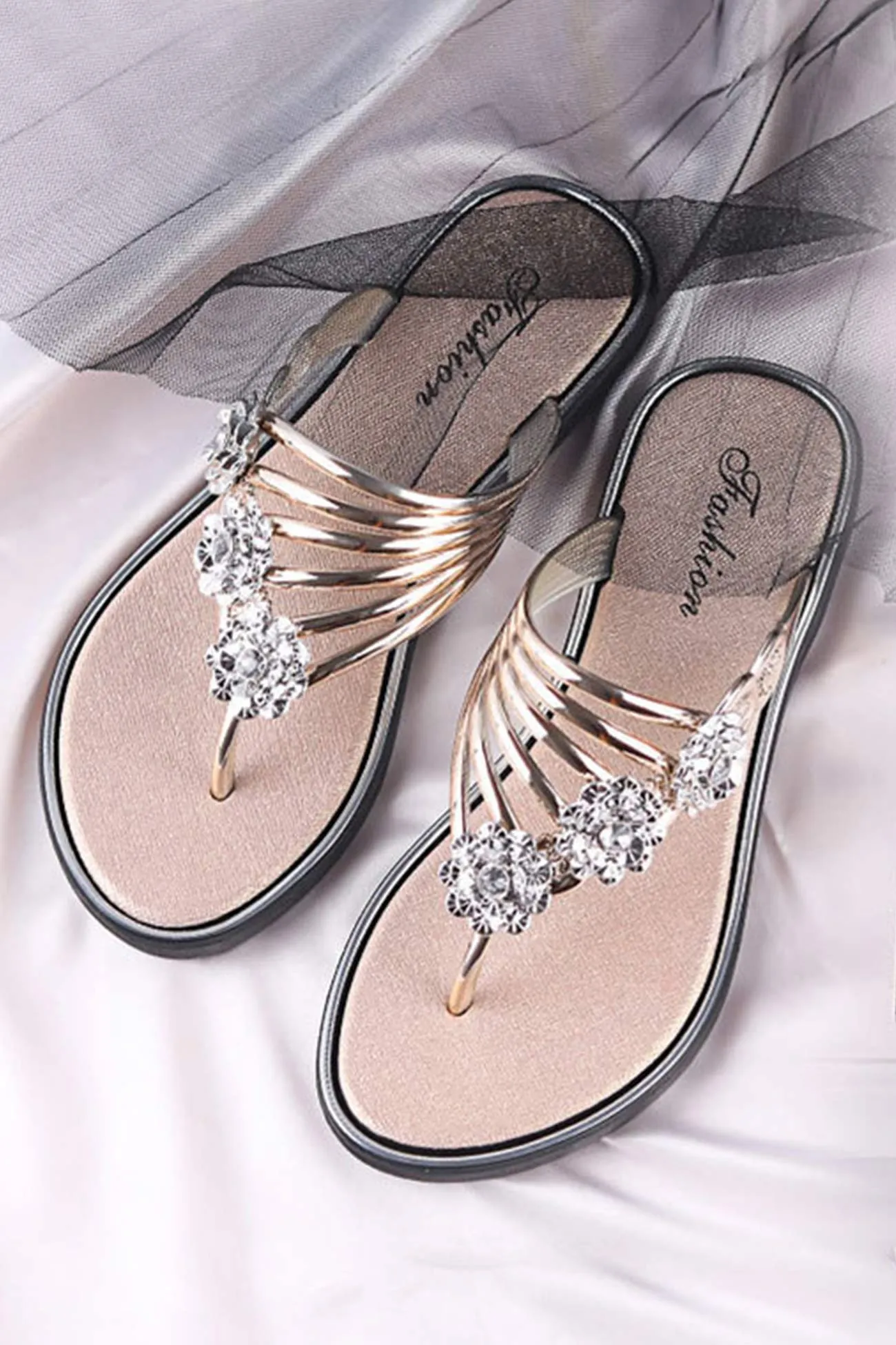 Rhinestone Flower Flat Sandals for Women