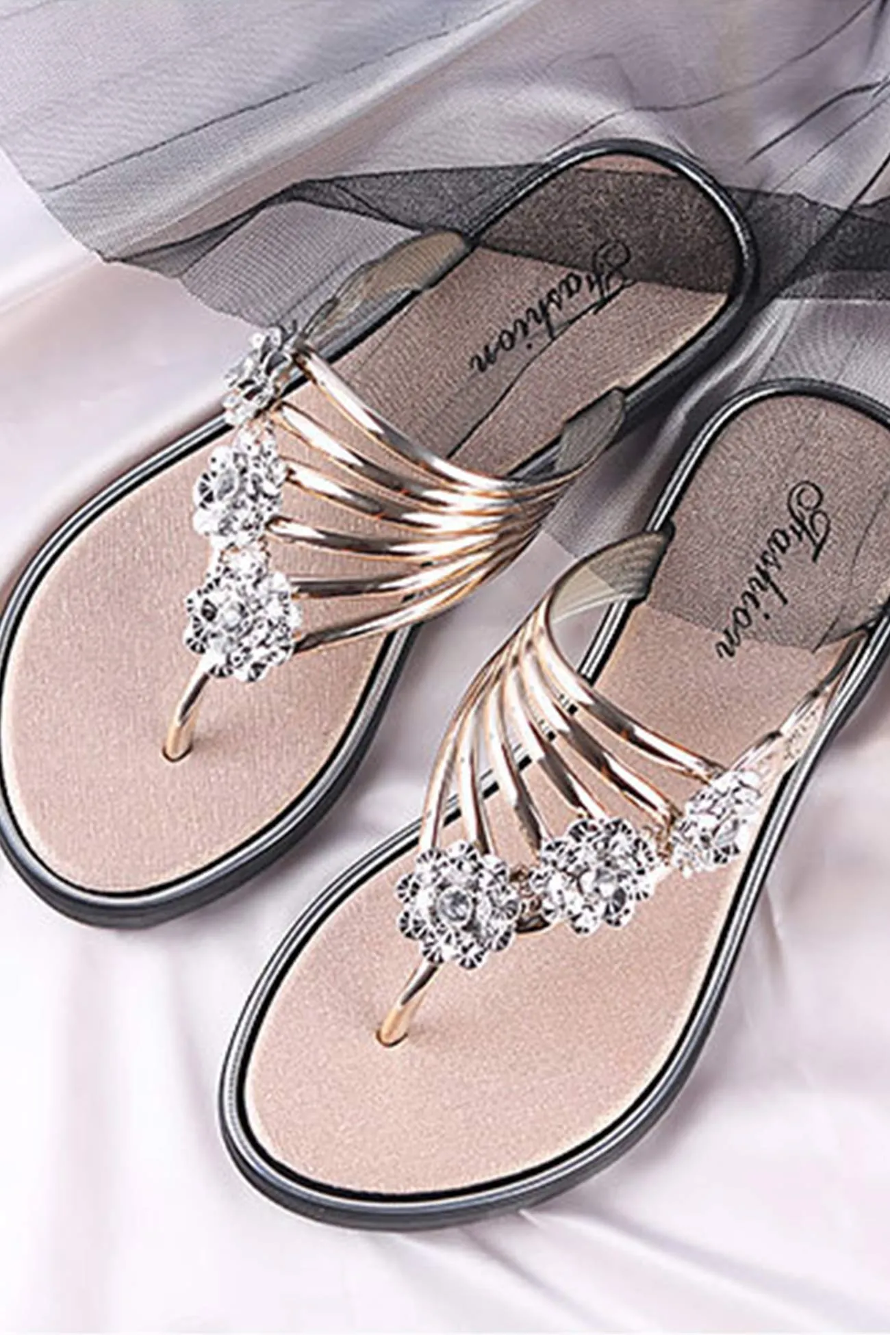 Rhinestone Flower Flat Sandals for Women