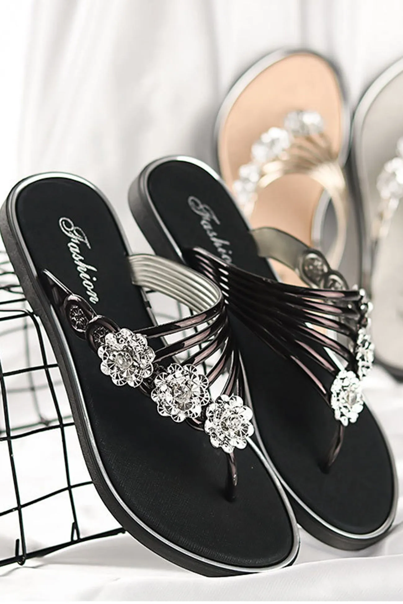 Rhinestone Flower Flat Sandals for Women