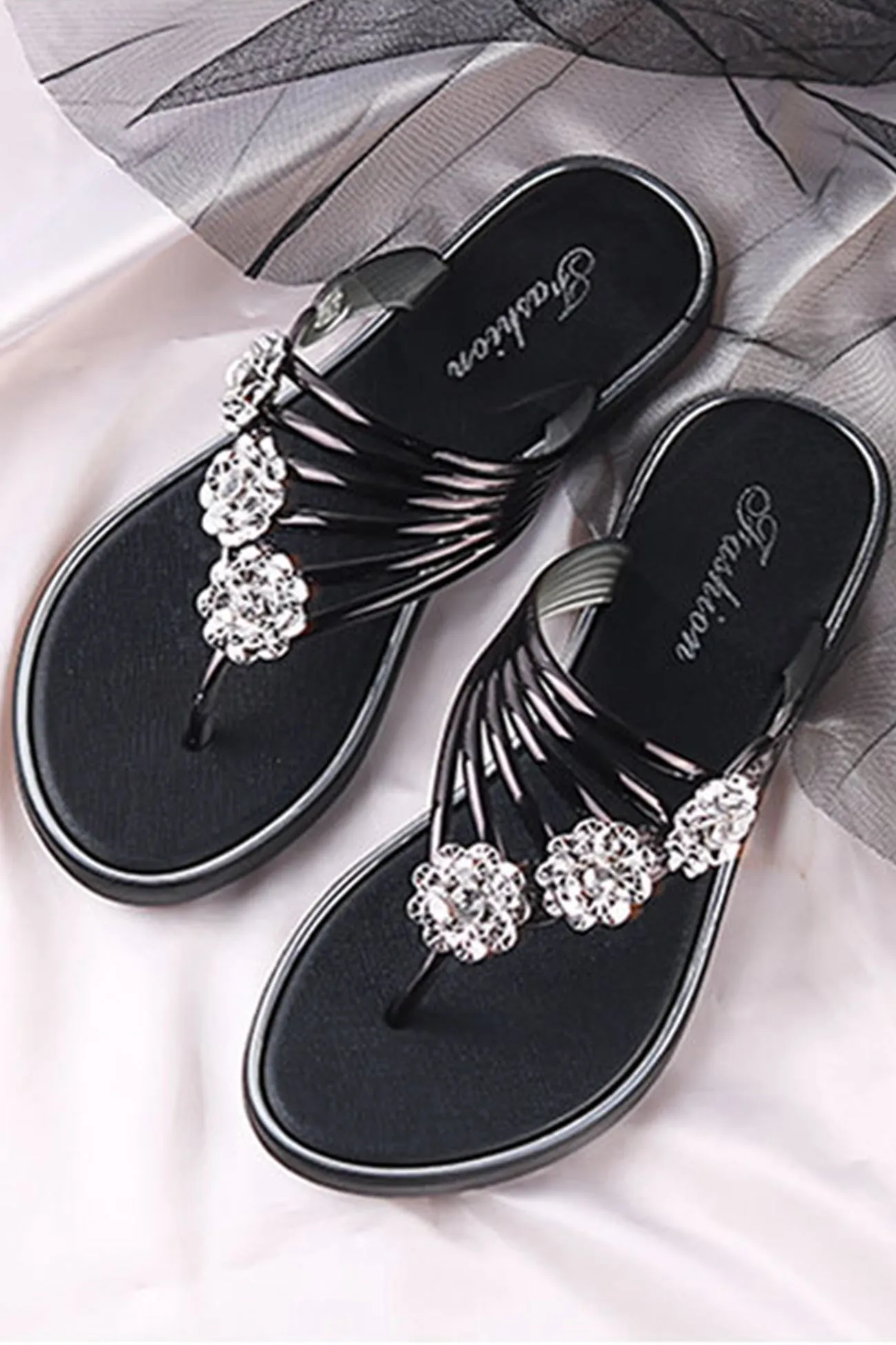 Rhinestone Flower Flat Sandals for Women