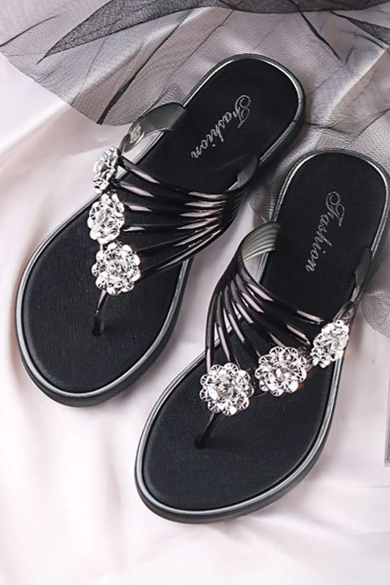 Rhinestone Flower Flat Sandals for Women