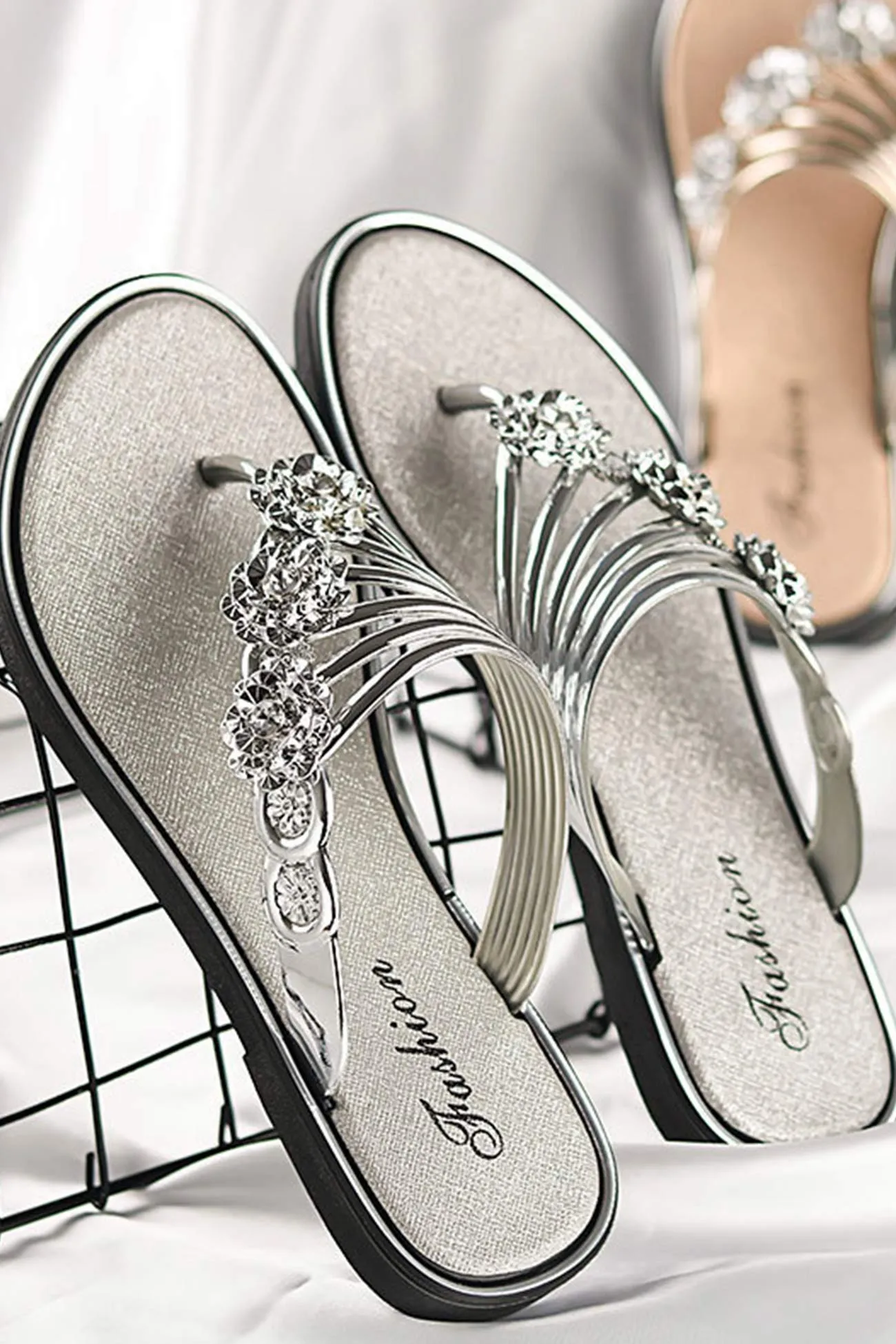 Rhinestone Flower Flat Sandals for Women