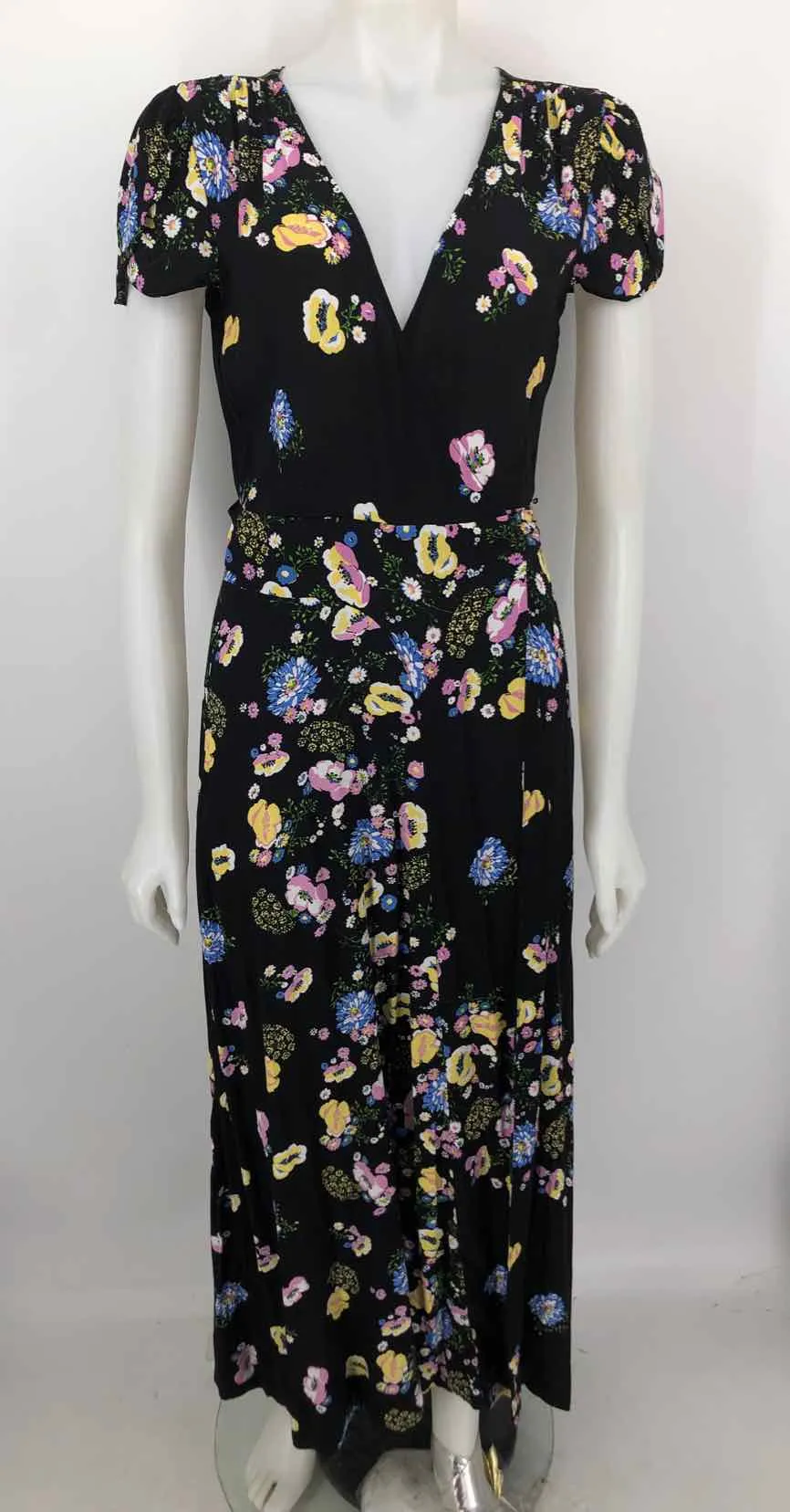 Black Purple Multi Floral Print Wrap Dress Size Small