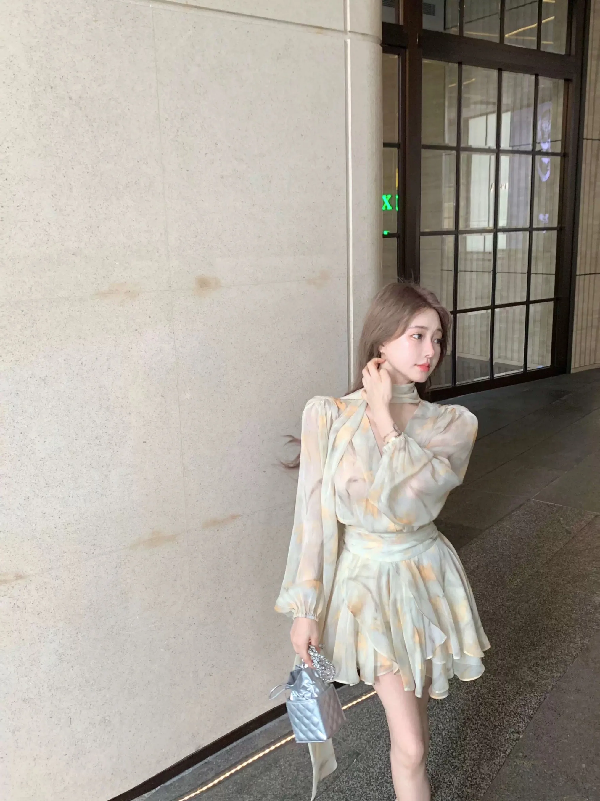 French floral v-neck long-sleeved chiffon dress women's summer yellow gentle design waist a-line short skirt