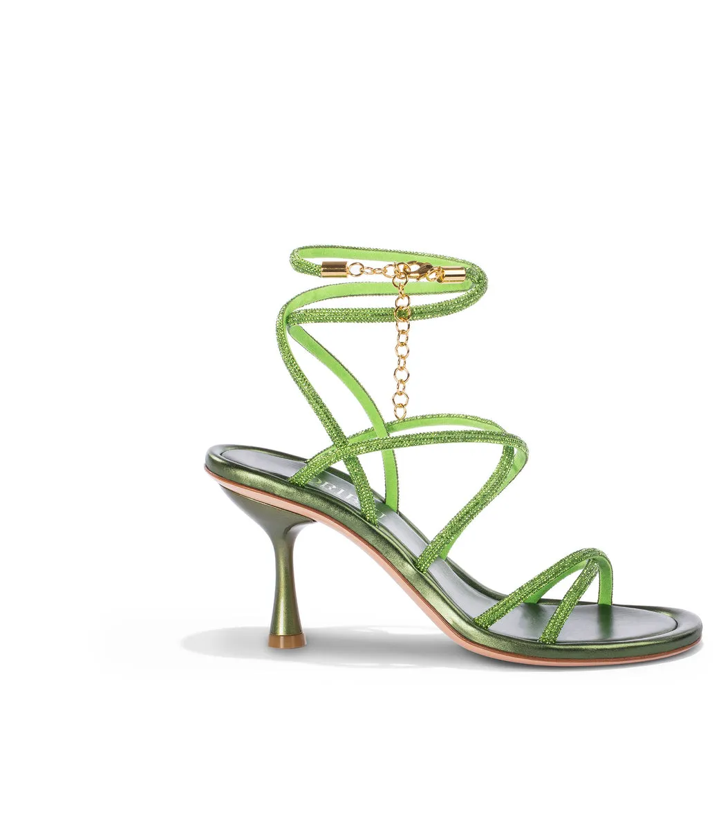 Green Rhinestone Nappa Leather Sandals