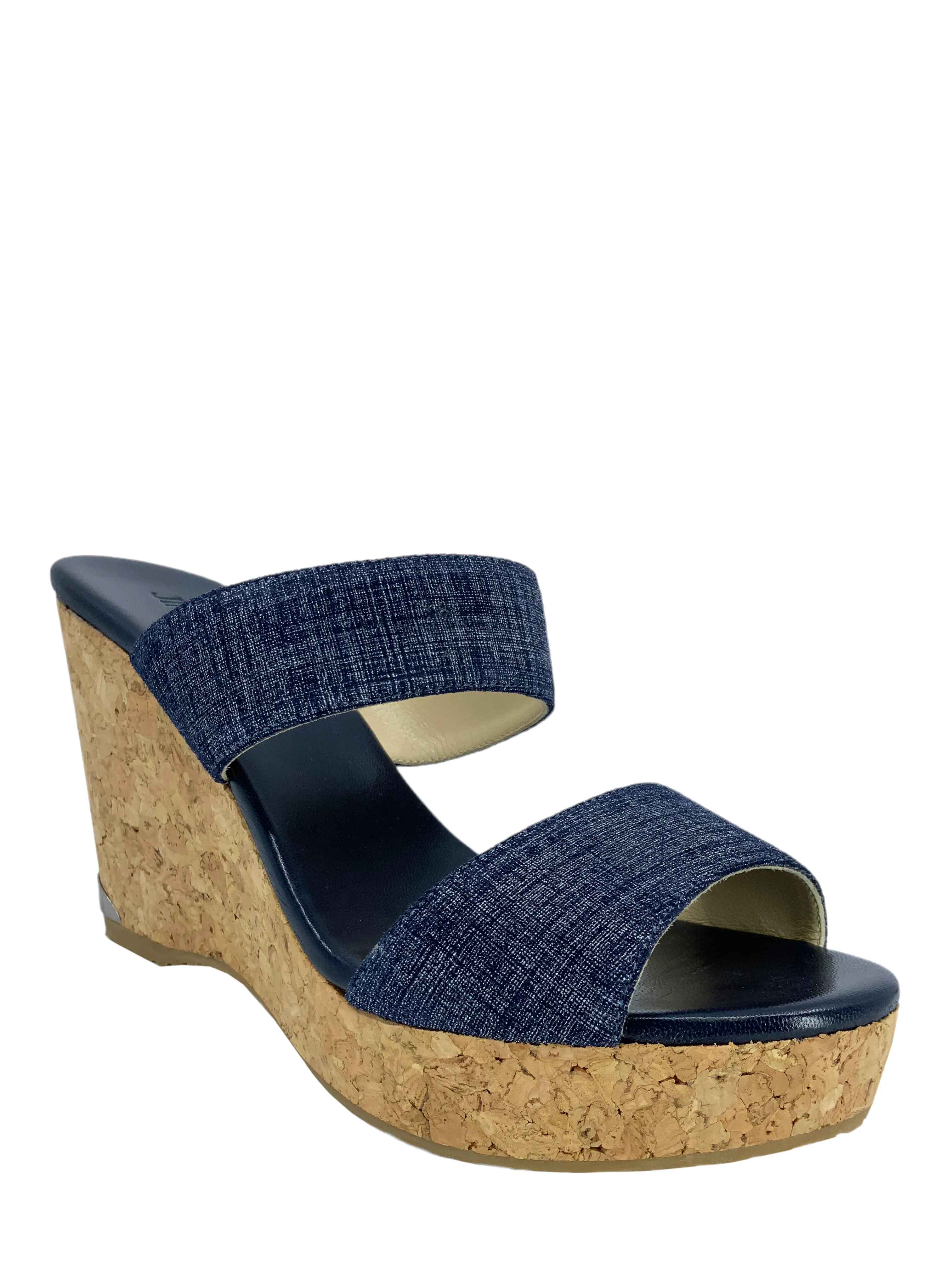 Jimmy Choo Parker Blue Denim Cork Wedge Slide Sandals Size 9.5