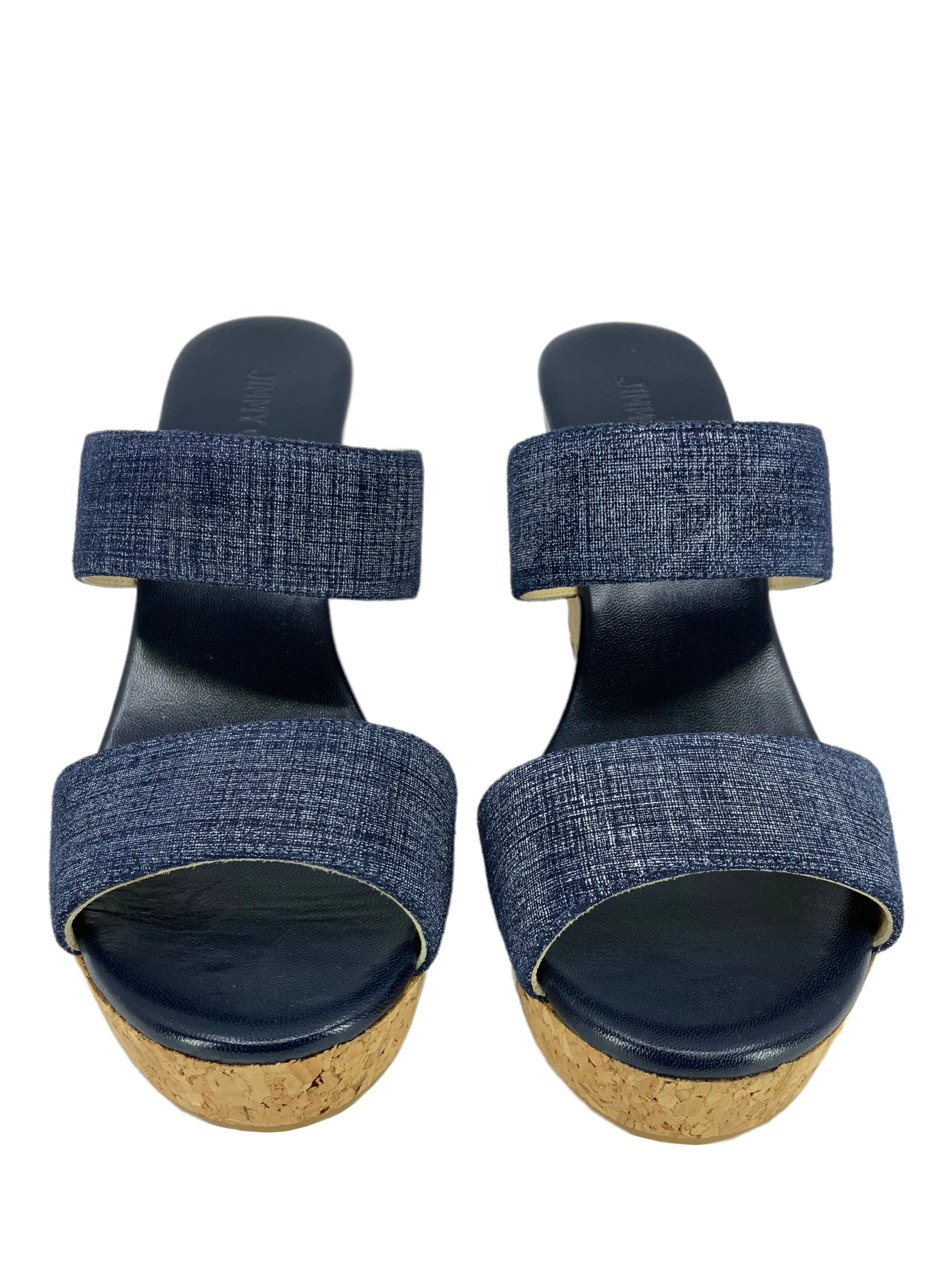 Jimmy Choo Parker Blue Denim Cork Wedge Slide Sandals Size 9.5