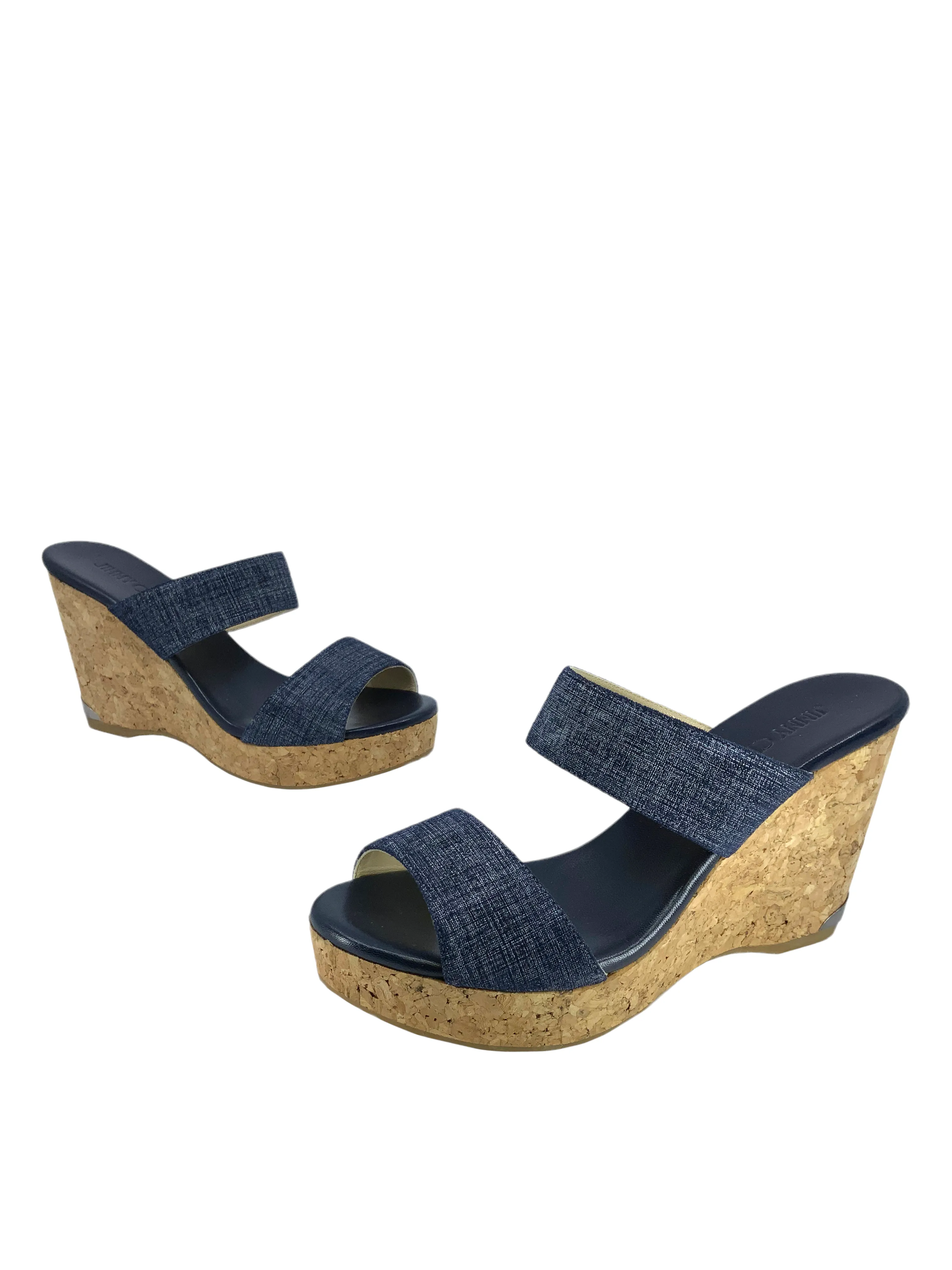 Jimmy Choo Parker Blue Denim Cork Wedge Slide Sandals Size 9.5