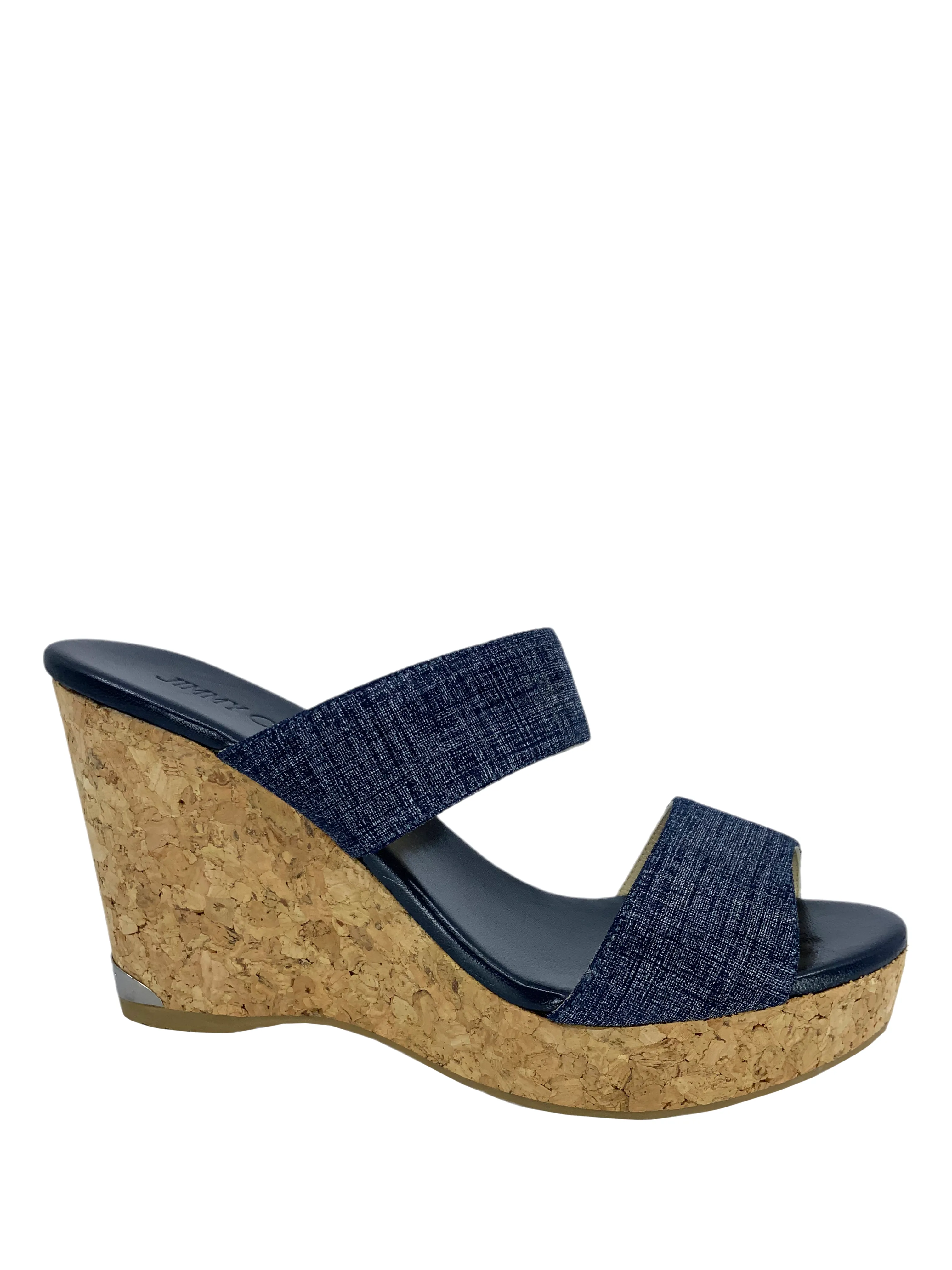 Jimmy Choo Parker Blue Denim Cork Wedge Slide Sandals Size 9.5