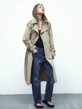 Khaki Trench Coat Women Turndown Collar Long Sleeves Outerwear