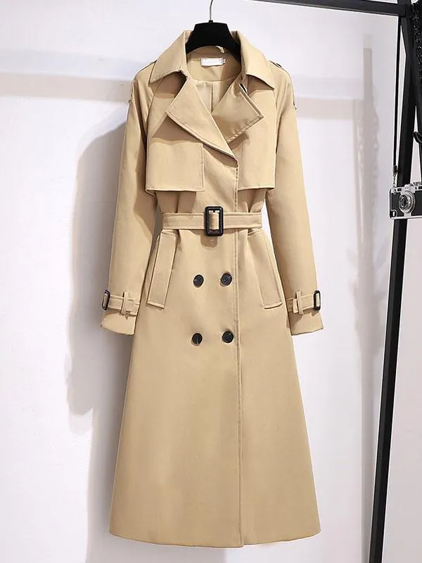 Khaki Woolen Coat Turndown Collar Long Sleeve Women's Long Coat Casual Thicken