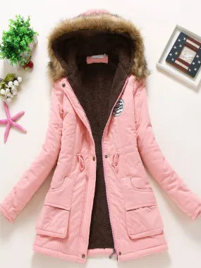 Light Pink Hooded Cotton Women's Winter Coat Outerwear